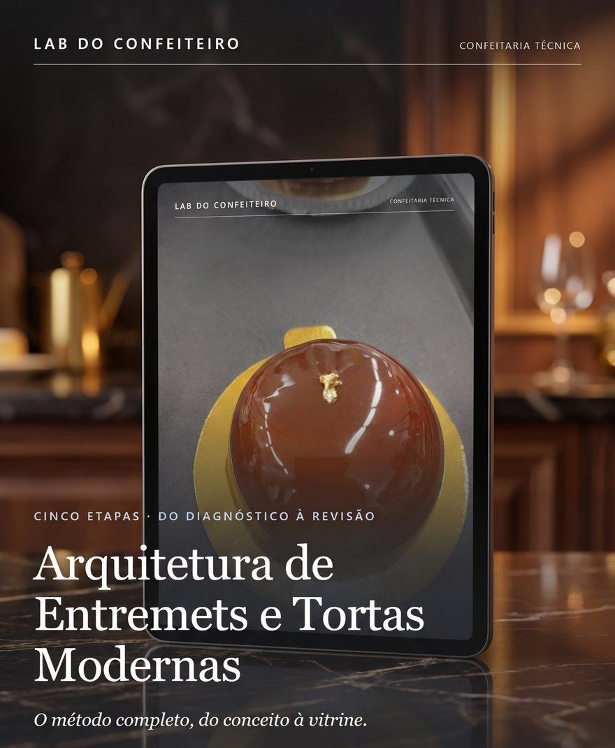 Arquitetura de Entremets e Tortas Modernas em um tablet sobre bancada de mármore