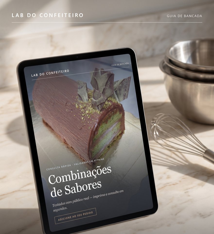 Guia Combinações de Sabores em um tablet sobre bancada de mármore